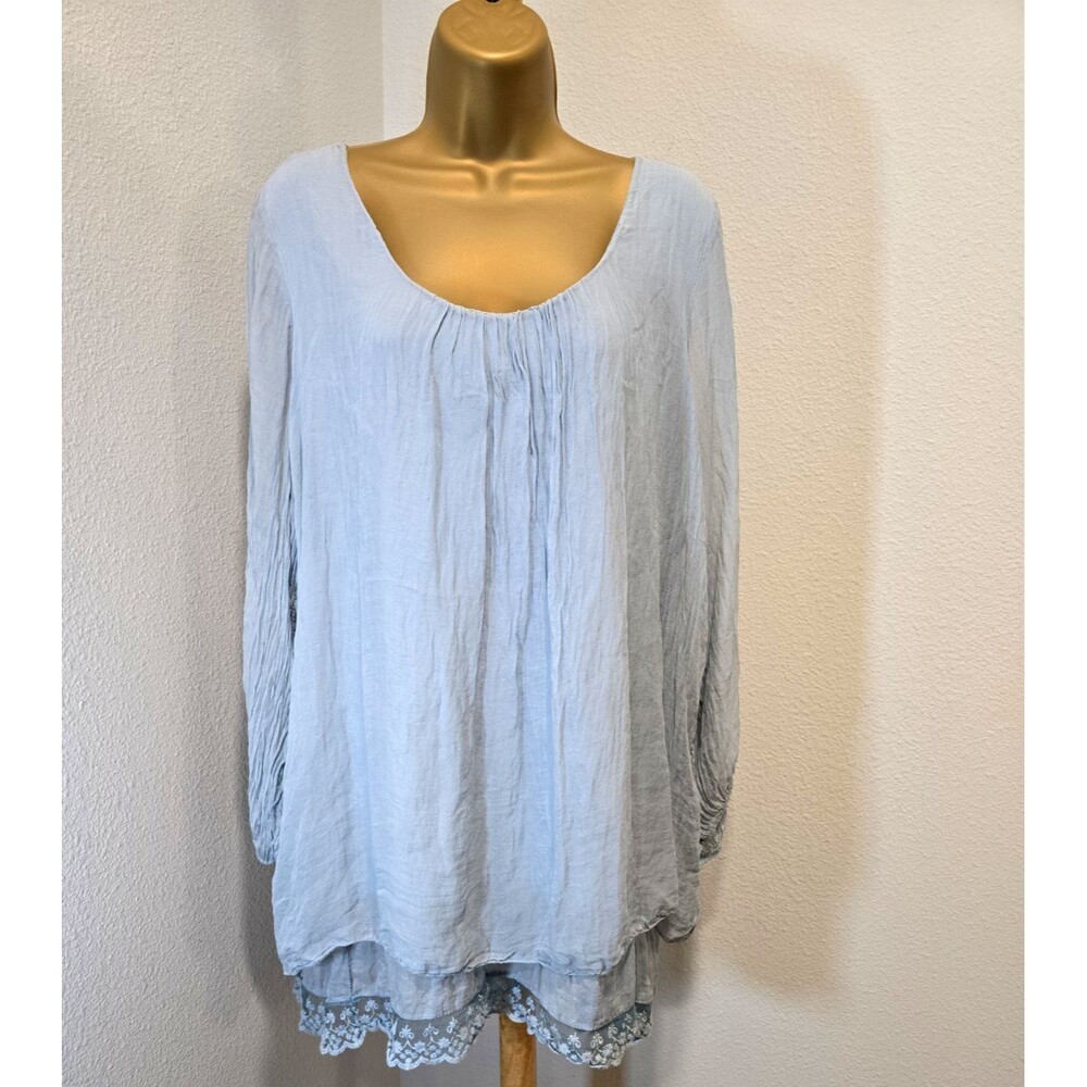 ProntoModa Giusy Italy Silk Blouse 1x Pastel Blue Crochet Boho Peasant Cottage